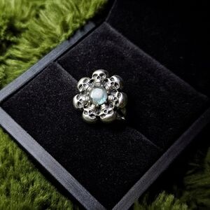Silver Skull Flower Ring with Labradorite Gemstone